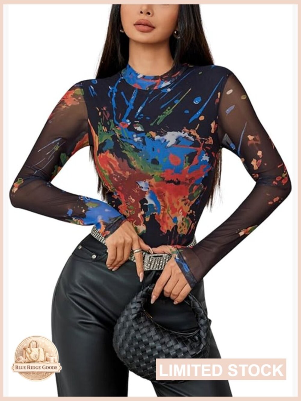Women's Mesh Long Sleeve Bodysuit Mock Neck Printed Snap Crotch One Piece - Picture 1 of 5
